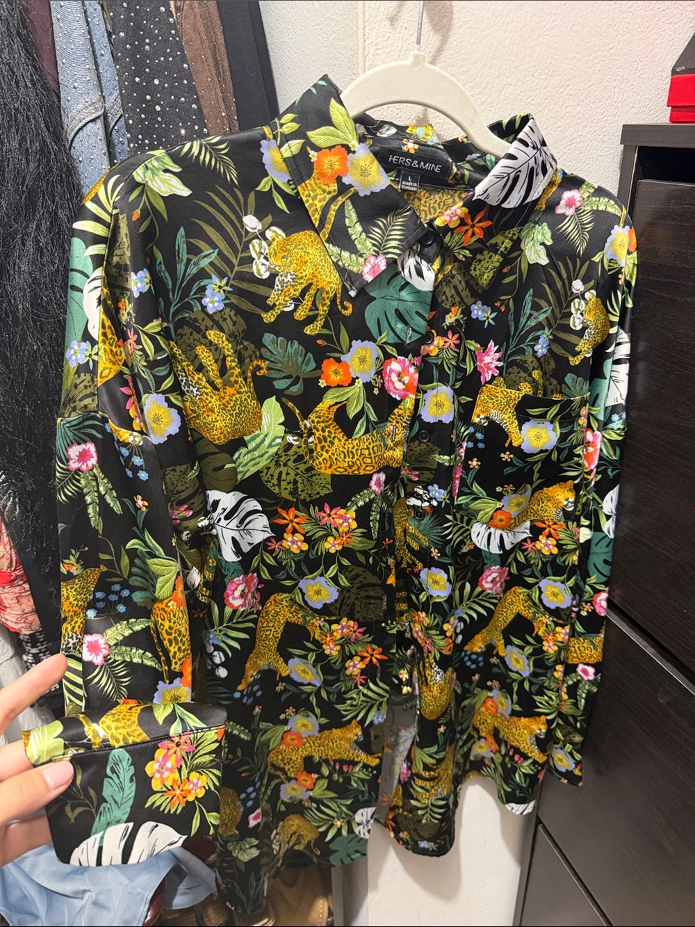 HER'S & MINE Black Tropical Leopard Print Button-Up Blouse